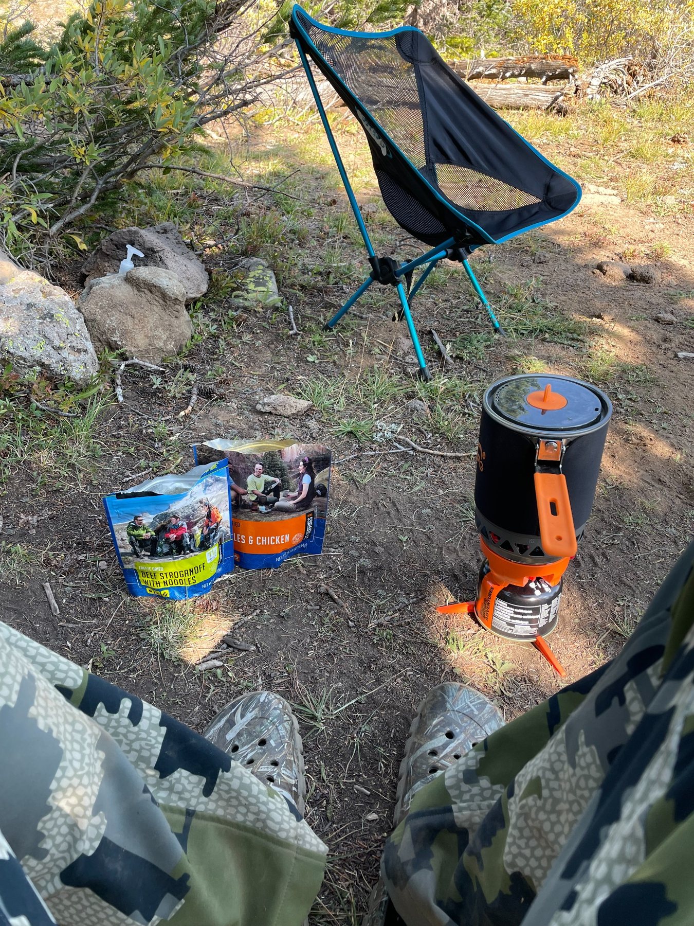 Backcountry hunting stove, food and camp setup